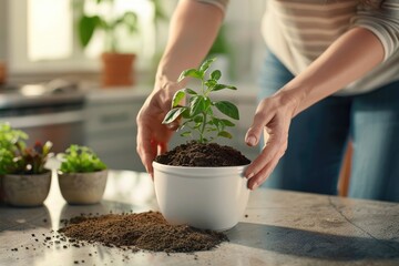 Close-up of a woman's hands, a plant in a white pot and soil scattered on the table