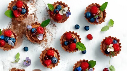   Table of Mini Cupcakes Topped with Chocolate Frosting and Fresh Berries