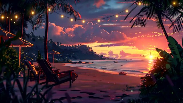 Animated background of beach party in summer at sunset. looping time-lapse video