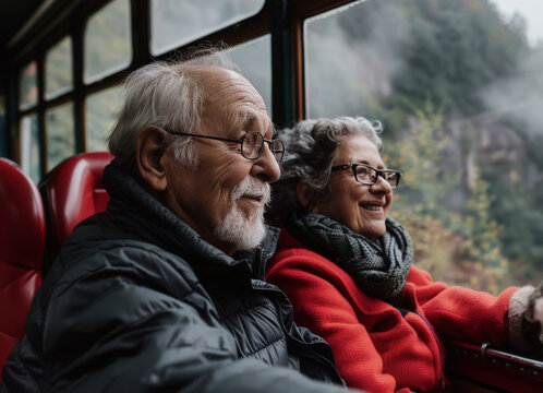 Hombre y mujer senior de m&aacute;s de 70 a&ntilde;os con gafas graduadas, viajando sentados juntos y sonrientes en un tren antiguo de madera , sobre fondo desenfocado de paisaje verde monta&ntilde;oso