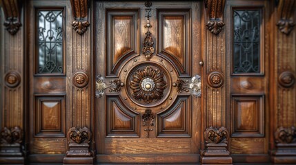 A close up of a wooden door with ornate carvings, AI