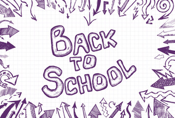 Welcome Back to school horizontal banner, doodle on checkered paper background, vector illustration. Drawing with a blue pen on a notebook sheet . Handmade, not AI Vector illustration