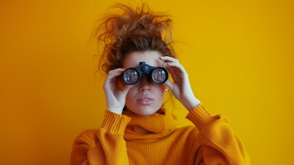 Young woman in an orange sweater using binoculars, with a vibrant yellow background.
