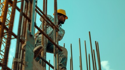 Construction worker sitting among rebar structures at a building site, highlighted by a clear sky.