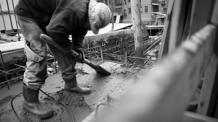 Construction worker in protective gear smoothing concrete on a construction site, black and white photo.