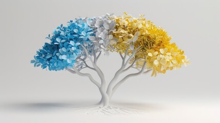 Four white tree trunks intertwined into one abstract tree with blue, white and yellow foliage on a white background