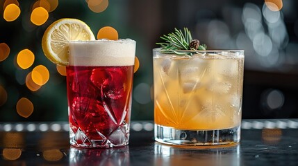   Two glasses of drinks on a table against a Christmas tree with background lights