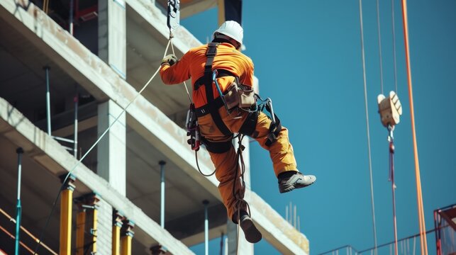 Construction worker in orange and yellow gear suspended by ropes at a building site.