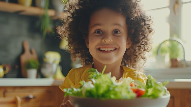 Smiling curly-haired young girl holding a large bowl of fresh salad in a sunny kitchen.