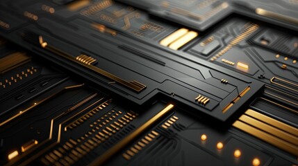 A close up of a black and gold circuit board with many small squares and lines