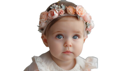 Baby girl wearing a floral headband, isolated on transparent background. 