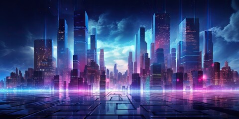 Synthwave retrowave cyberpunk city town cityscape landscape background decoration. Future towb high buildings scene view