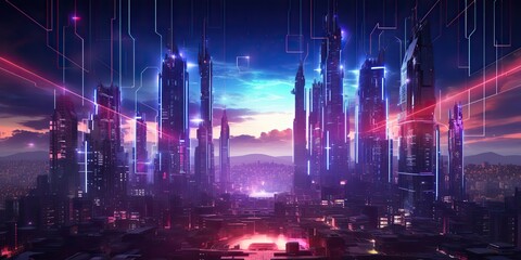 Fototapeta premium Synthwave retrowave cyberpunk city town cityscape landscape background decoration. Future towb high buildings scene view
