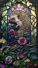 A painting of a hedgehog with roses and leaves