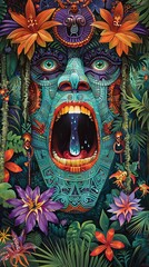 A colorful painting of a monster with a mouth wide open