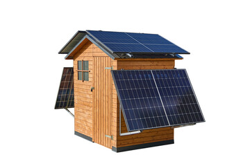 Balkonkraftwerk auf Gartenhaus mit weißem Hintergrund