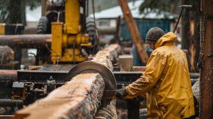 A worker in a yellow raincoat operates a sawmill, cutting logs in the rain at an industrial site.
