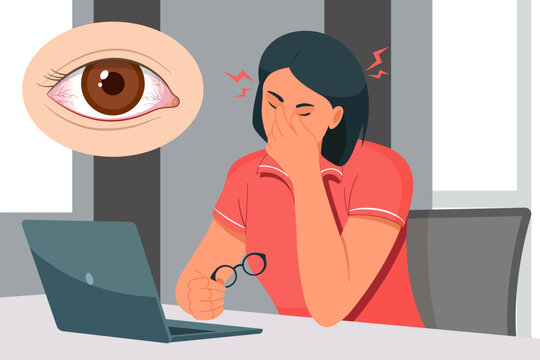 Digital Eye Strain, Person sitting on worktable with eye strain - Stock Illustration
