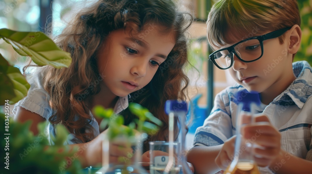 Sticker Two young children, a girl and a boy, intently studying plant samples and liquids in a laboratory setting.