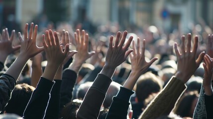 Sunlit crowd with numerous hands raised high at an outdoor event, creating a sense of unity and participation.