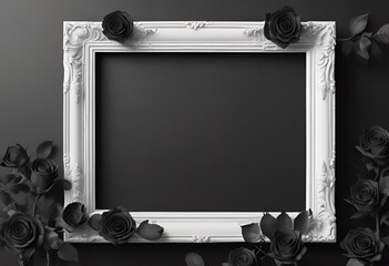 white frame with black roses on gray background for obituary notice, funeral announcement, necrology