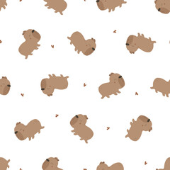 Cute capybara vector seamless pattern. kids wallpaper with cute capybaras with hearts. Fabric design for Valentines day