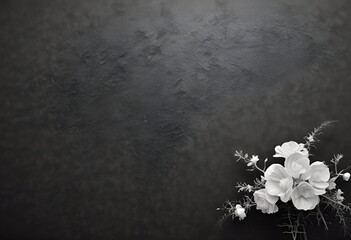 white flowers on black background for obituary notice, funeral announcement, necrology