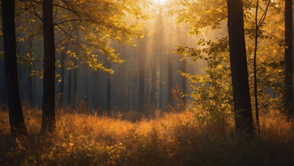 Dawning tranquility, the forest awakens under the golden hues of sunrise.