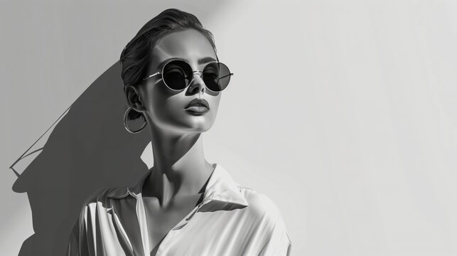 Elegant monochrome portrait of a stylish woman in sunglasses and hoop earrings.