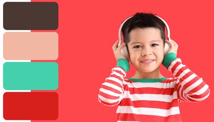 Cute little Asian boy listening to Christmas music on red background. Different color patterns