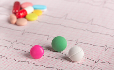 medical pills on the background of a cardiogram