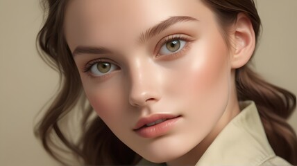 The soft, natural beauty of a model girl is captured in this no filter photo, her apple cream face glowing against a simple background of khaki fabric.