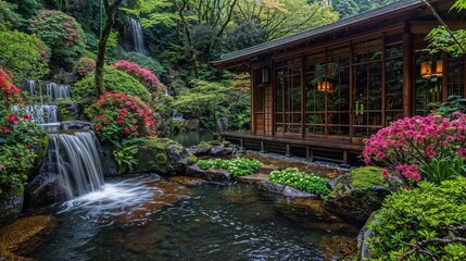 A Japanese hot spring, wooden house with green plants and flowers on the walls, waterfalls in streams flowing through it, colorful flowers blooming everywhere. Generative ai