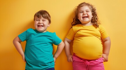 Two joyful young children laughing against a vibrant yellow background, creating a cheerful scene.