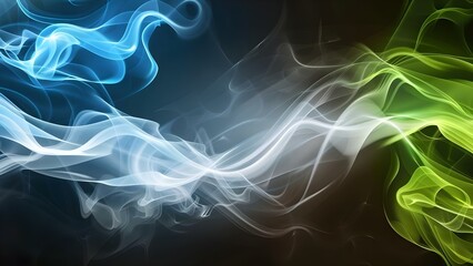 Ethereal Light Blue, White, and Lime Green Abstract Design with Glowing Waves and Smoke on Black Background. Concept Abstract Design, Light Blue, White, Lime Green, Glowing Waves, Smoke