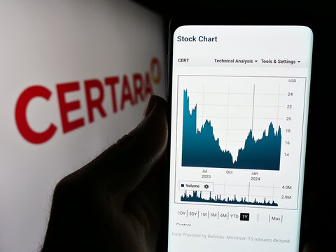 Stuttgart, Germany - 04-18-2024: Person holding cellphone with website of US biosimulation company Certara Inc. in front of business logo. Focus on center of phone display.