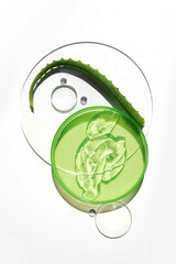 Abstract cosmetic laboratory. A piece of aloe vera and fresh gel on a glass petri