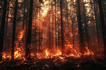 A blazing inferno illuminates the forest