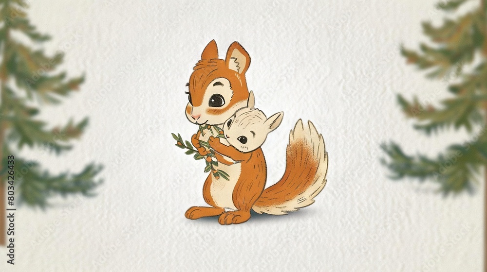 Poster picture of fox and squirrel hugging on white background with pine trees behind