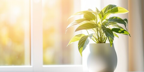 Home house plant flower in vase on window stand. Many sun light indoor deocration interior cozu design scene