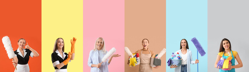 Collage of women with cleaning supplies on color background