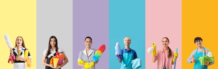 Collage of people with cleaning supplies on color background