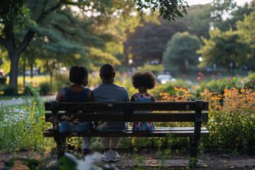 A family of three sits on a park bench, enjoying the outdoors