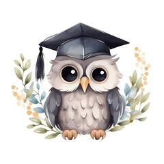 A cute watercolor owl wearing a graduation cap, isolated on white