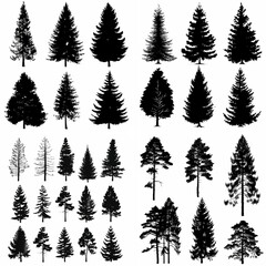 black tree silhouette set pure badge eco outline recreation breath emblem label protection graphic pine trunk woodland