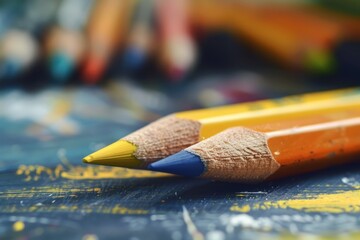 A close-up of two colored pencils on a wooden table. One of the pencils is yellow and the other is blue. The background is blurry and features more pencils of different colors. - Powered by Adobe