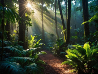 Discover the allure of a secluded rainforest, sunlight dances through the foliage, casting an enchanting spell over the vibrant greenery of an atmospheric fantasy forest.