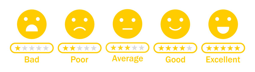 Feedback rating emojis vector icon set in yellow color. Excellent, good, average, poor and bad text. Star rating emoji icon set. Face expression. Vector illustration.