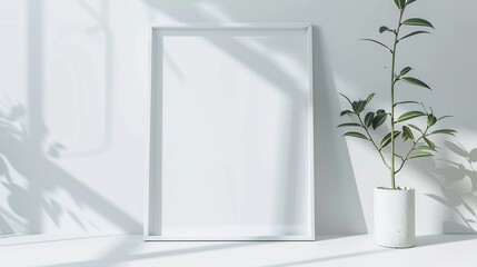 A framed minimalist white poster mockup style and plant in pot, minimalist designs.