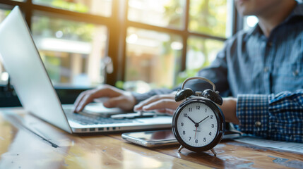Alarm clock on table in front of business man using laptop at home, concept of time management, work deadline